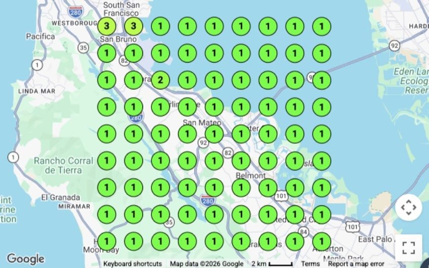 Auto glass repair map pack geo-grid ranking report for San Mateo, CA